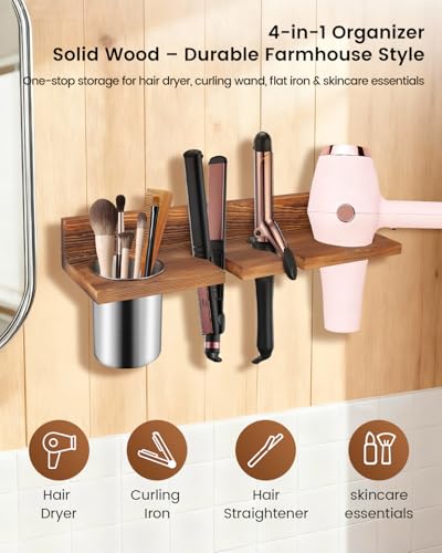 Hair Tool Organizer for Bathroom – Wall Mounted Hair Dryer Holder with Heat-Resistant Cups, Curling Iron & Straightener Rack, Blow Dryer Organizer for Vanity or Wall (Brown)