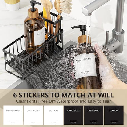 Kitchen Dish Soap Dispenser Set with 2 Pack 16.9oz Amber Glass Bottle and Sponge Holder, Dish Soap Dispensers with Adjustable Sponge Holder, Vintage Hand and Dish Soap Dispensers Set