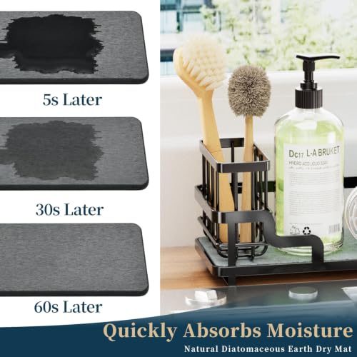 Sponge Holder for Kitchen Sink - Sink Caddy Organizer with Water Absorbing Stone Tray, Detachable Brush Holder, Stainless Steel Kitchen Counter Organizer Rack, Black