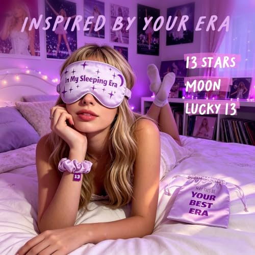 in My Sleeping Era 3Pc Lavender Satin Sleep Mask Gift Set for Music Fans | Era-inspired 13 Stars & Moon; Hidden 13 Scrunchie & Pouch; 360° Blackout; Soft Silky Satin; Post-Concert & Travel Use
