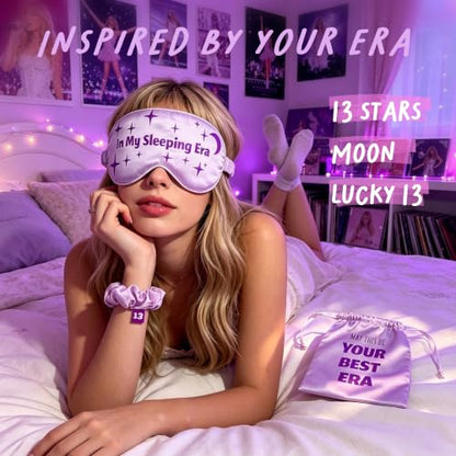 in My Sleeping Era 3Pc Lavender Satin Sleep Mask Gift Set for Music Fans | Era-inspired 13 Stars & Moon; Hidden 13 Scrunchie & Pouch; 360° Blackout; Soft Silky Satin; Post-Concert & Travel Use