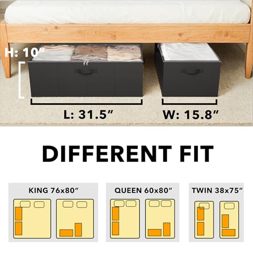 SpaceAid 2 Pack 10" High Under Bed Storage Containers, Large Underbed Storage Organizer Bins with Lids for Bedroom, Dorm, Clothes, Closet Organization, Bed Sheets and Blankets (Black)