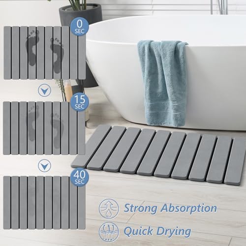 AWW Foldable Stone Bath Mat, Diatomaceous, 23.6"x15.5", Grey | Quick-dry surface, super absorbent, easy-clean finish, non-slip mat included, and compact storage for small bathrooms
