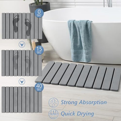 AWW Foldable Stone Bath Mat, Diatomaceous, 23.6"x15.5", Grey | Quick-dry surface, super absorbent, easy-clean finish, non-slip mat included, and compact storage for small bathrooms