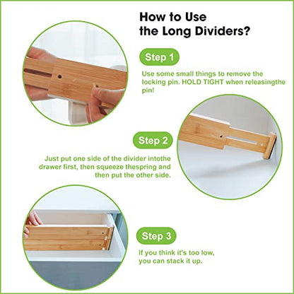 Bamboo Drawer Dividers, Expandable Drawer Separators Splitter, 17-22 inches Adjustable Spring-loaded Organizer for Large Utensil, Clothes, Tools Drawers, 6 Pack Dividers + 4 Pack Baffle