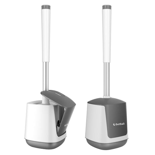SetSail Toilet Brush and Holder 2 Pack, Self Closing Lid Toilet Bowl Brushes Holder and Extra Long Handle Ventilated Toilet Brush Set for Bathroom Cleaning, Nylon Bristles, White & Grey