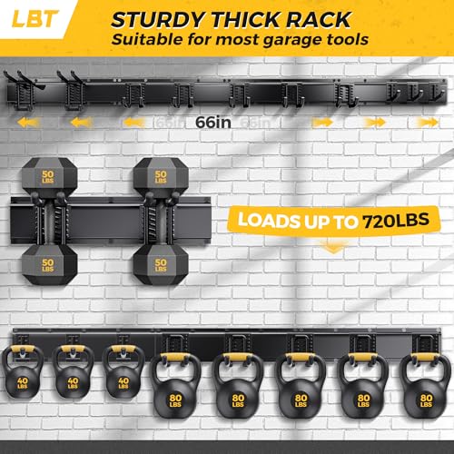LBT 66" Garage Tool Organizer Wall Mount - 720lbs Garden Tool Organizer | Anti-Rust, Adjustable Hooks, Sheds Garden Tool Organizer Black, Gifts For Men Dad Husband