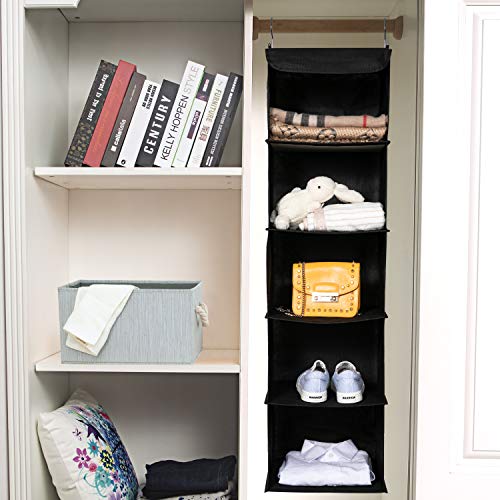 2 Pack Hanging Closet Organizer, 5 Shelves Hanging Storage with 6 Side Pockets for Clothes Shoes, 43"x12"x12"(Black)