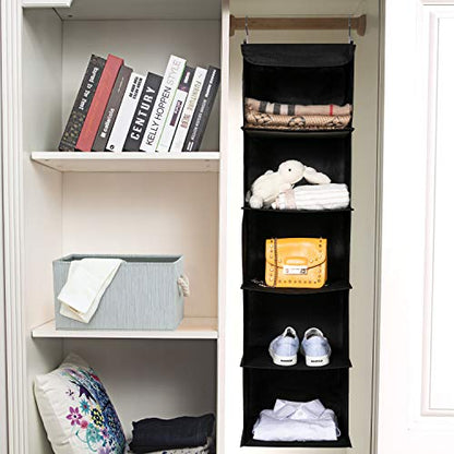 2 Pack Hanging Closet Organizer, 5 Shelves Hanging Storage with 6 Side Pockets for Clothes Shoes, 43"x12"x12"(Black)