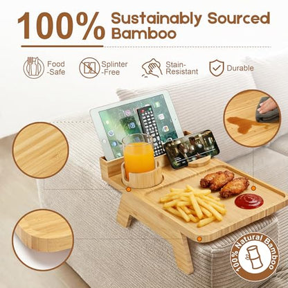 Bamboo Couch Arm Tray,with Cup Holder Phone Stand&Non-Slip(Natural Bamboo) | 100% side-pressed bamboo couch arm tray, cup holder & phone slot, non-slip base, fits most 12" sofa arms, multi-scene use