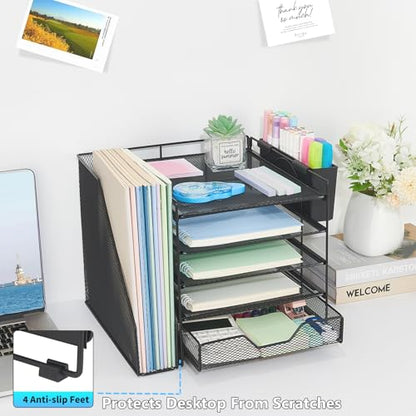 5-Tier Desk File Organizer with Drawer & Pen Holder (Black) | Desk Organizers and Accessories, Office Desk Accessories & Workspace Desktop Organizers for Classroom, Home, Office Supplies