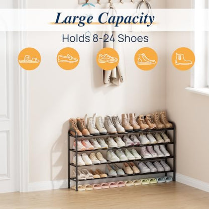 ENJOYBASICS 4 Tier Expandable Shoe Rack, Metal Small Shoes Shelf, Black | Free Standing Shoe Holder for 24 Pairs, Sturdy Shoe Organizer for Closet, Entryway, Under Bed ,Front Door, Bedroom