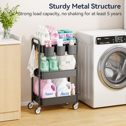 3 Tier Rolling Cart, Heavy Duty Metal Utility Cart with Wheel Black | Sturdy Rolling Storage Cart With Hooks & Hanging Cups, Great For Craft, Art Workspace, Kitchen ,Snack And Office Storage