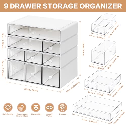 Desk Storage Organizer with 9 Drawers, 4 Tiers Stackable Desktop Craft Storage Drawers, Clear Storage Box Caddy for Stationary Makeup Jewelry Office Craft Supplies (White)