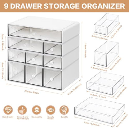 Desk Storage Organizer with 9 Drawers, 4 Tiers Stackable Desktop Craft Storage Drawers, Clear Storage Box Caddy for Stationary Makeup Jewelry Office Craft Supplies (White)