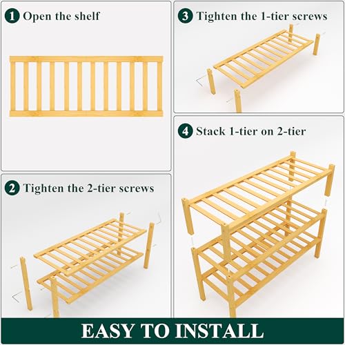 Smiry Bamboo Shoe Rack, 12 Vertical Slats, 3 Tier - 26.8" Wide, Natural | Stackable Free Standing Wooden Shoe Organizer, Wood Shoe Storage Shelf for Closet, Entryway
