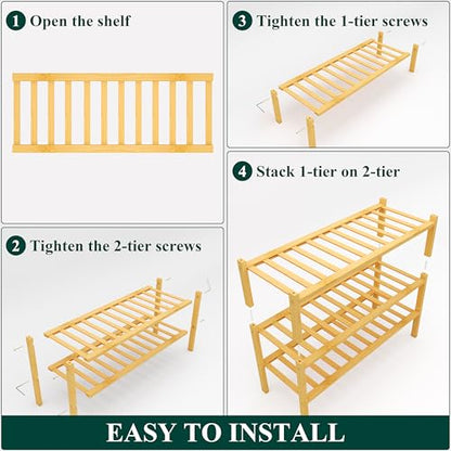 Smiry Bamboo Shoe Rack, 12 Vertical Slats, 3 Tier - 26.8" Wide, Natural | Stackable Free Standing Wooden Shoe Organizer, Wood Shoe Storage Shelf for Closet, Entryway