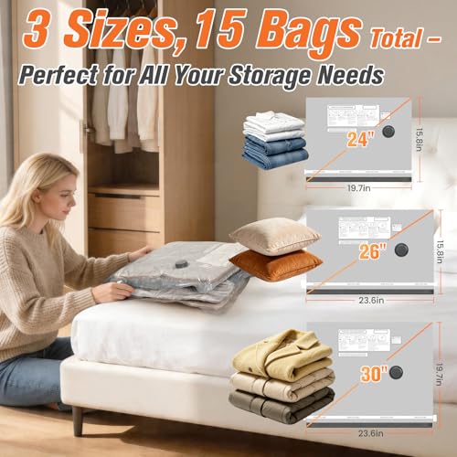15 Pack Vacuum Storage Bags for Travel with Cordless Pump, Space Saver Bags for Clothes, Compression Packing Bags for Luggage, 15 Combo Size