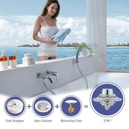 Bathtub Drain Stopper with Removable Hair Catcher, 3-in-1 Pop-up Drain Plug Fits 1.38 to 1.8 Inch Holes, Upgrade Shower Drain Cover with Stainless Steel Filter