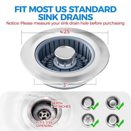 3 in 1 Kitchen Sink Drain Strainer Stopper Removable Basket Pop-Up | Kitchen Sink Accessories 2 Pack Silver Stainless - Food Catcher, Odor-Blocking Seal, Fits 3.5" Drain, Easy Clean