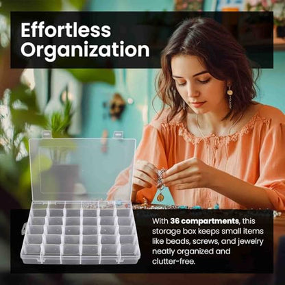 Budreu 4pack 36 Grids Plastic Clear Organizer Box Bead Storage Containers with Adjustable Dividers for Craft Jewelry Fishing Tackles Parts Storage with 4 Sheets Label Stickers