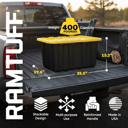 Heavy Duty Stackable Storage Container with Lid, 27 Gallon, 6-Pack | Weather-Resistant Organization Tote with Snap-Tight Lid, for Garage, Basement, Attic, Shed, Closet & Moving