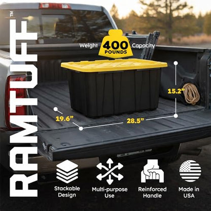Heavy Duty Stackable Storage Container with Lid, 27 Gallon, 6-Pack | Weather-Resistant Organization Tote with Snap-Tight Lid, for Garage, Basement, Attic, Shed, Closet & Moving