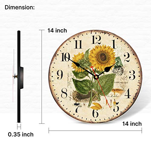 TAHEAT 14 Inch Beautiful Sunflower Wall Clock, Vintage Country Floral Silent Non Ticking Clocks, Wooden Round Easy to Read Wall Clock for Kitchen/Living Room/Bedroom/Bathroom