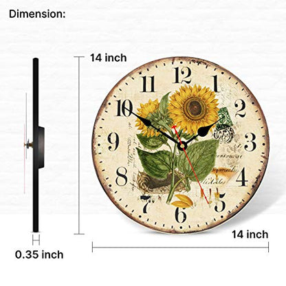 TAHEAT 14 Inch Beautiful Sunflower Wall Clock, Vintage Country Floral Silent Non Ticking Clocks, Wooden Round Easy to Read Wall Clock for Kitchen/Living Room/Bedroom/Bathroom