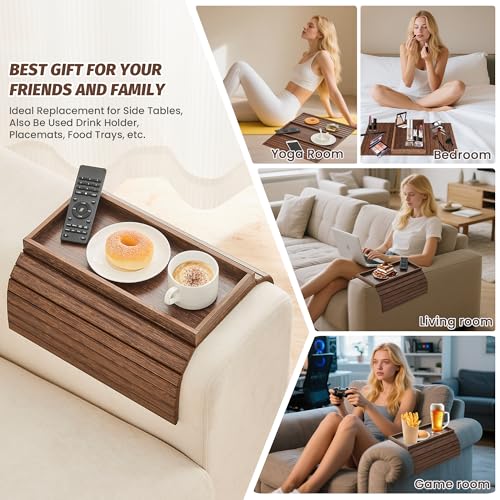 Bamboo Sofa Arm Tray, Foldable Couch Arm Tray Side Table, Anti-Falling Armrest Tables Cup Holder for Snacks, Drinks, Beers, Phone, Control, Flexible and Portable, Anti-Slip Bottom
