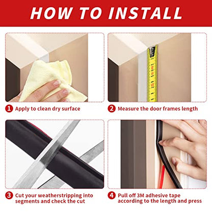 50 Feet D-Shape Rubber Weather Stripping Door Seal Strip, Fingwerk Self-Adhesive Backing Door Weatherstripping for Door Frame Insulation Large Gap, Easy Cut to Size with Tailor Scissors(Black)