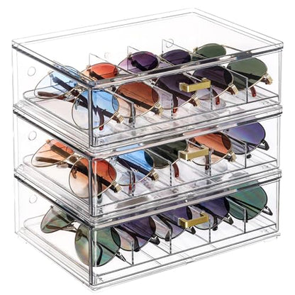 LALOBLUE Clear Acrylic Sunglasses Organizer, Stackable Eyeglass Storage Case with Gold Handles, Glasses Display Holder