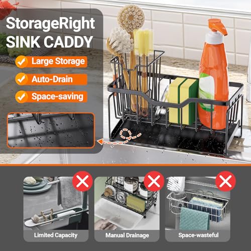 Sponge Holder for Kitchen Sink, Stainless Sink Caddy Organizer | Rustproof Kitchen Sink Organizers with High Brush Holder & Self Drain Tray, Anti-Slip Kitchen Countertop Storage Essentials