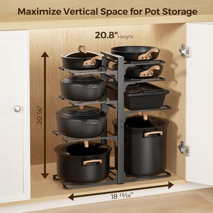 LAMU 8-Tier Heavy Duty Pots and Pans Organizer under Cabinet, 20.8" H | Adjustable heavy-duty pot rack holds stockpots, Dutch ovens and cast iron cookware, 120 LB capacity, Fits inside cabinet