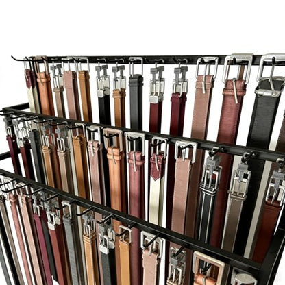 3-Tier Rolling Belt & Tie Storage Display Rack | 42 storage hooks, mobile wheeled design, black metal rack for belts ties bags retail shop display