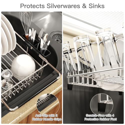 Dish Drying Rack Over The Sink with Adjustable Utensil Holder | Expandable Stainless Steel Dish Drainer for Small Kitchen, Apartment, RV, Counter Space Saving, Perfect Fit, Rustproof