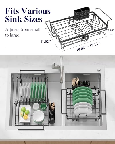 Kitsure Expandable in-Sink or Over-Sink Dish Drying Rack, Large, Black | Rust-Resistant Dish Rack for Kitchen Counter, Dish Drainer with Cutlery Holder, 10.82"-17.12" L x 11.02" W x 3.93" H