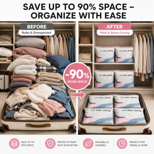4Pcs No Pump Vacuum Storage Bags, Large Better Life Space Bags Cube Capacity Vacuum Bags for Clothes Bedding Comforters Off‑Season Gear (Pink white)