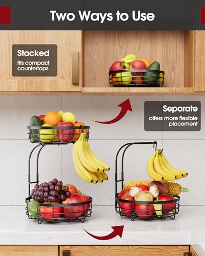 Fruit Basket for Kitchen Counter - 2-Tier Large Capacity Fruit Bowl with Detachable Banana Hanger, Rust-Proof Metal Fruit Holder for Vegetables, Bread, Toiletry,10" D x 10" W x 14" H, Black