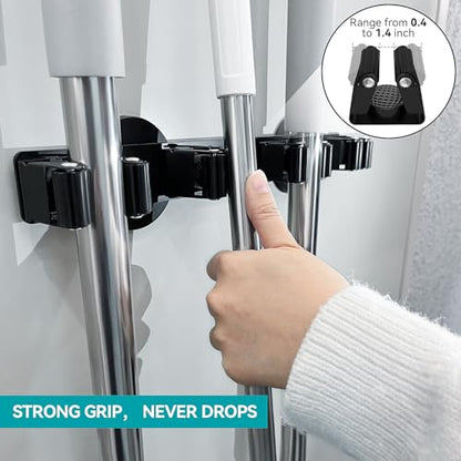 Magnetic Mop Broom Holder, Strong Non Slip Magnetic Broom Mop Hanger, Heavy Duty Magnetic Hooks for Hanging Shovel Rake Tools, Wall Mounted Utility Storage Magnet Rack 4 Rack