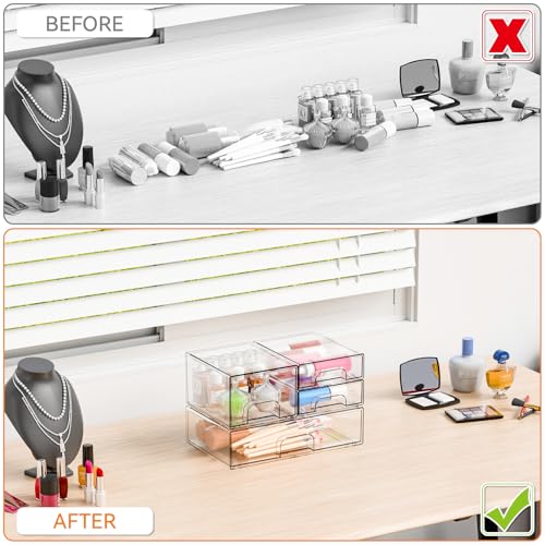 4 Pack Clear Stackable Storage Drawers,Pull-Out Medicine Cabinet Organizer and Containers,Large Acrylic Organizers Drawers and Bathroom Closet Organizers for Hair Accessories,Makeup Organizer