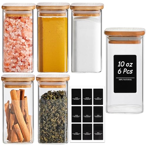 ComSaf Glass Spice Jars with Labels 10 oz 6 Pack Large Square Bamboo Lids | Empty Containers, Seasoning Herbs Powders, Salt Pepper Chili, Kitchen Cabinet Storage Starter Set, Dry Goods