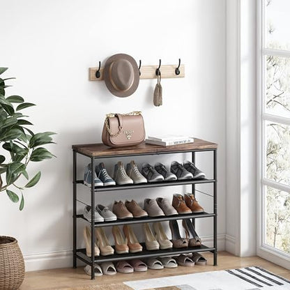 INGIORDAR 4 Tier Shoe Rack Storage Organizer Shelf Top with MDF Board | Space-Saving,with 3 Layer Fabric,stores 16+Pairs of Shoes for Closet,Entryway,Bedroom,Living Room Garage,Black+Rustic Brown