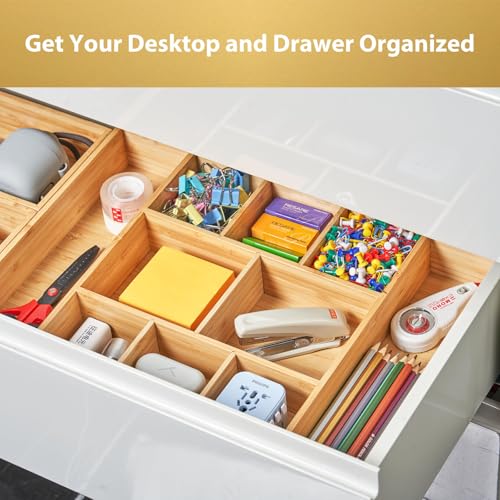 Extra Large Bamboo Desk Drawer Organizer, Wood Junk Organizer Tray with Adjustable Dividers, Anti-Skip Storage Organization in Office Bathroom Drawer for Vanity, Makeup, 17" x 12"