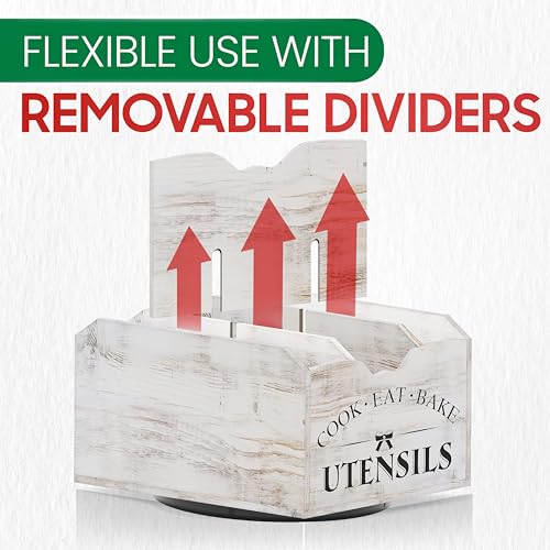 Extra-Large Kitchen Utensil Holder for Countertop-360° Rotating Base | 6-Compartments Cooking Utensil Organizer, Removable Divider, Wooden Utensil Organizer for Countertop, Farmhouse Kitchen Decor