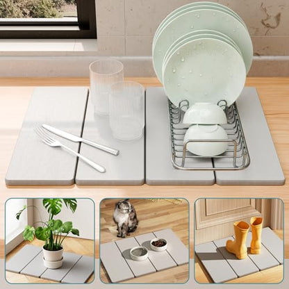 Summer&Kiss Foldable Stone Bath Mats for Bathroom, Non-Slip Diatomaceous Earth Mat, Super Absorbent & Quick Drying, Dish Drying Mats for Kitchen Counter, Easy to Clean & Store,23.5" x 15.4",Light Gray