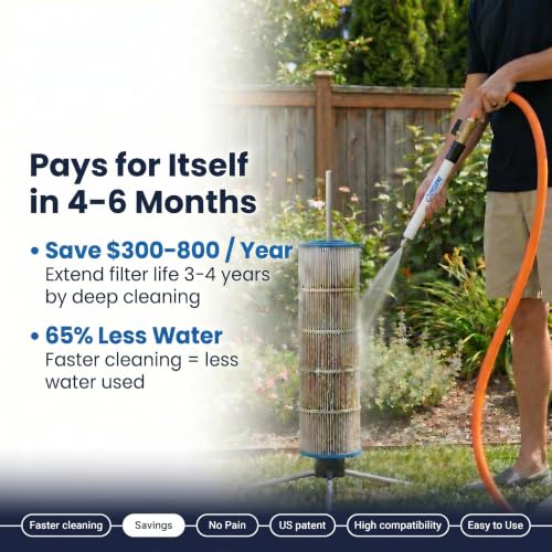 CYCLONE FILTER CLEANER – Patented Hose-Powered Spinning Pool Cartridge Filter Cleaning Tool with Stand & Spray Wand – Cleans 5X Faster – Fits 3”, 4”, 6” ID Filters