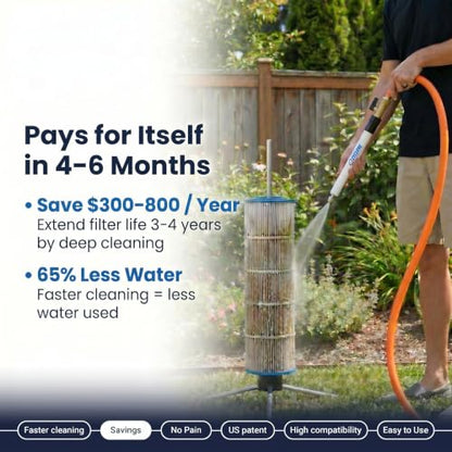 CYCLONE FILTER CLEANER – Patented Hose-Powered Spinning Pool Cartridge Filter Cleaning Tool with Stand & Spray Wand – Cleans 5X Faster – Fits 3”, 4”, 6” ID Filters