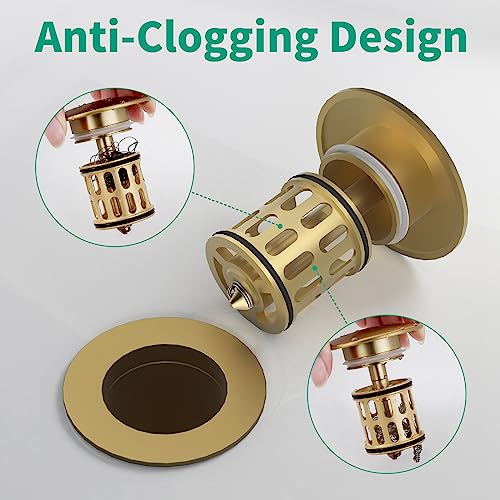 Bathroom Pop up Drain Without Overflow, Anti-Clogg... (Brushed Gold)