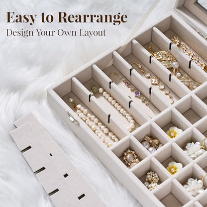 48 Grid Earring Organizer and Storage: Velvet Jewelry Tray with Lid, Jewelry Box for Studs, Earrings, Rings, Necklaces, Dresser & Vanity, Earrings Case for Girls, Women, 13"x8.6"x2.4", Beige